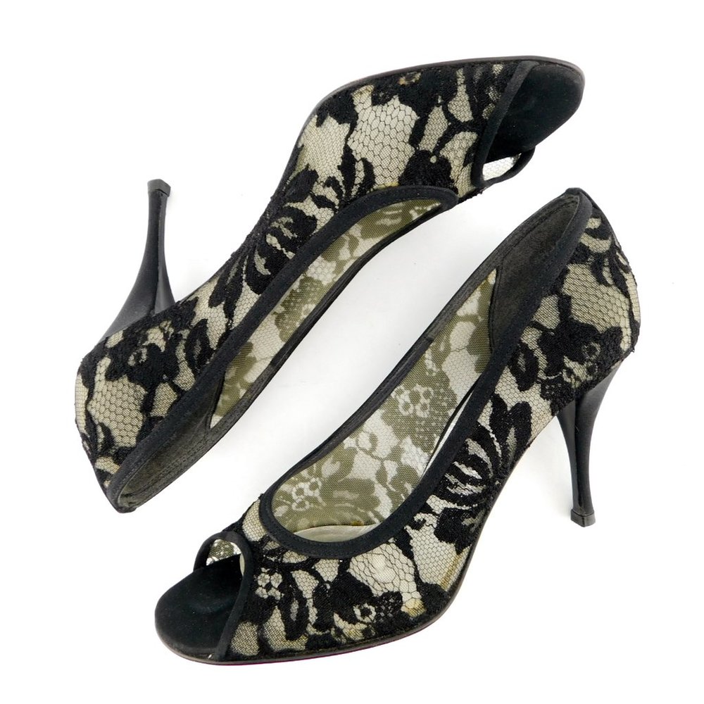 STURAT WEITZMAN Black Floral Lace Peep Toe Evening Heel Pumps 7 - Picture 5 of 8